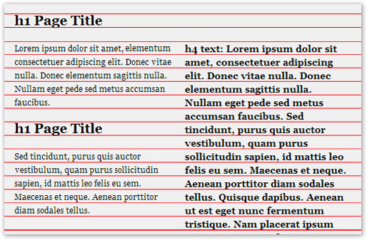 A screen shot of a web page, overlaid with equidistant horizontal lines to show how the type on the page lines up, regardless of font size