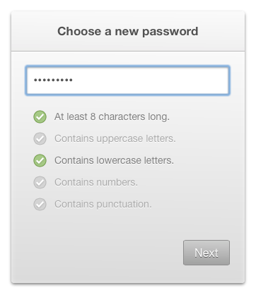 A bullet list of criteria indicating that the input password is at least 8 characters and contains lowercase letters, but does not contain uppercase letters, numbers or punctuation.