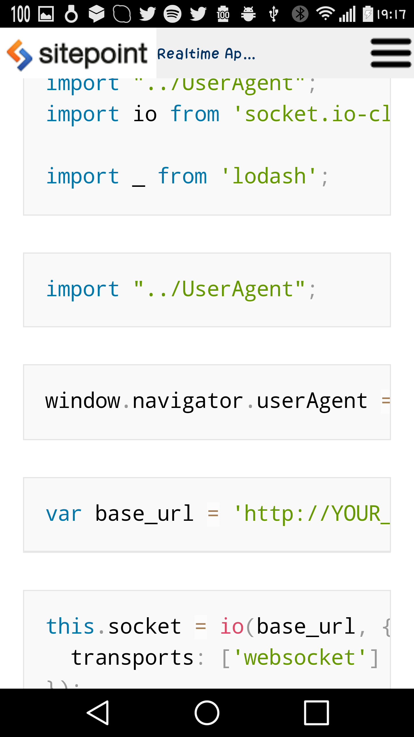 A SitePoint article opened in the mobile app with the code blocks toggled from the custom browser's menu