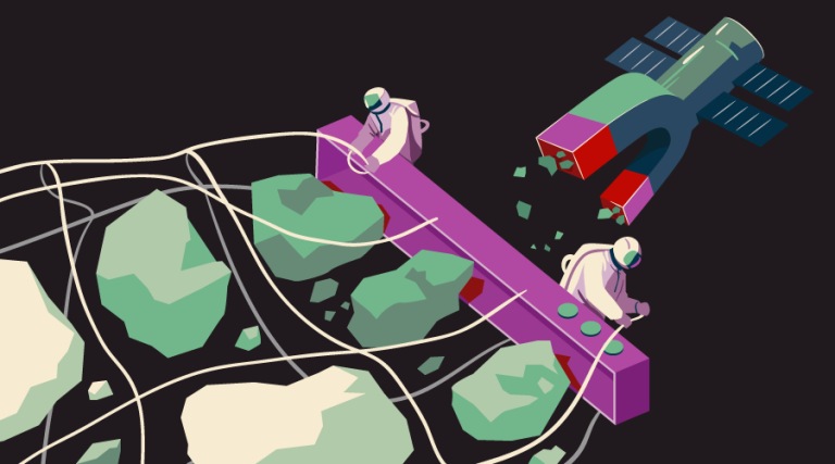 A satellite with a giant magnet being used to mine asteroids